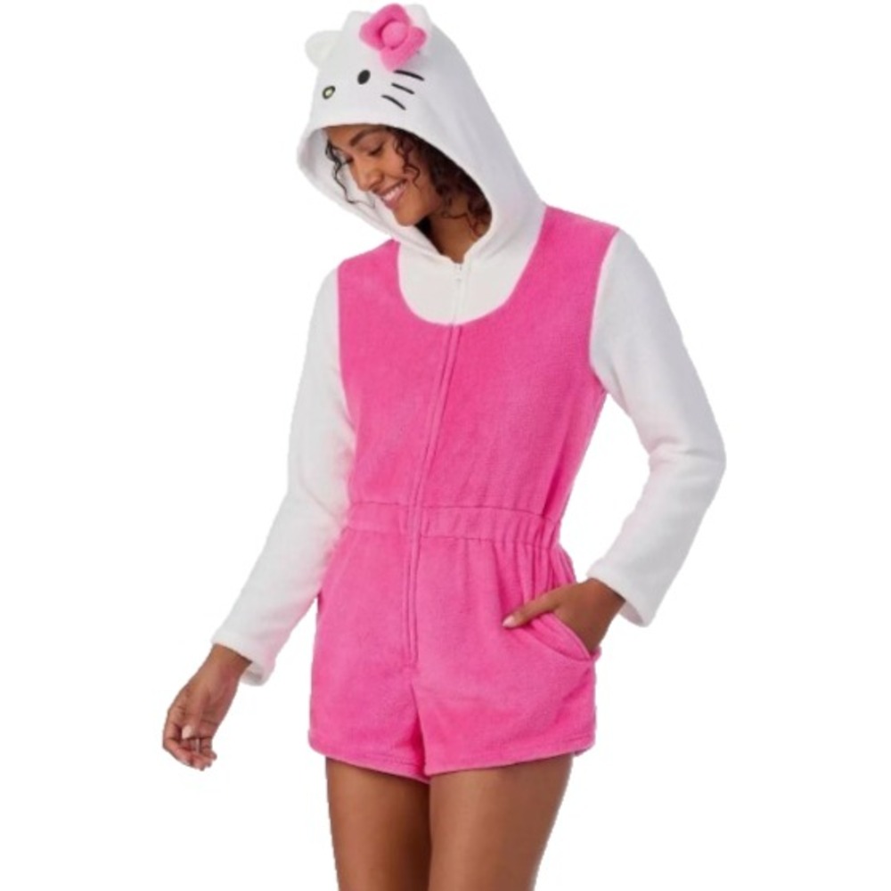NWT Women's Large Hello Kitty Romper Pajamas w/Hood Sanrio Pink One Piece - Cute - Picture 3 of 4
